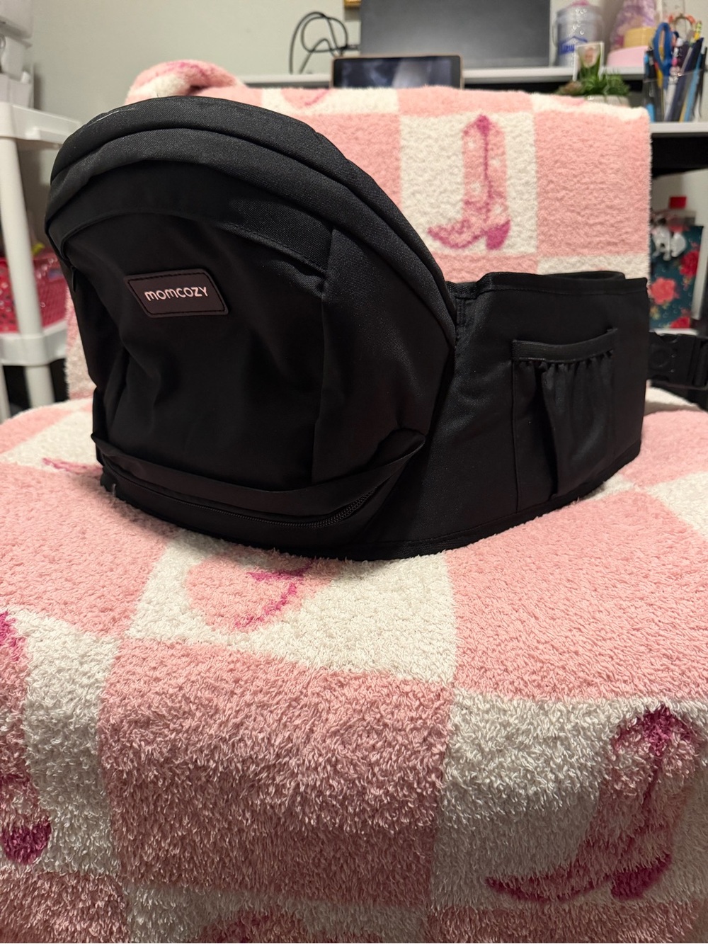 Momcozy Black Kids Hip Seat Belt Bag with Storage Pockets- Sz. Large